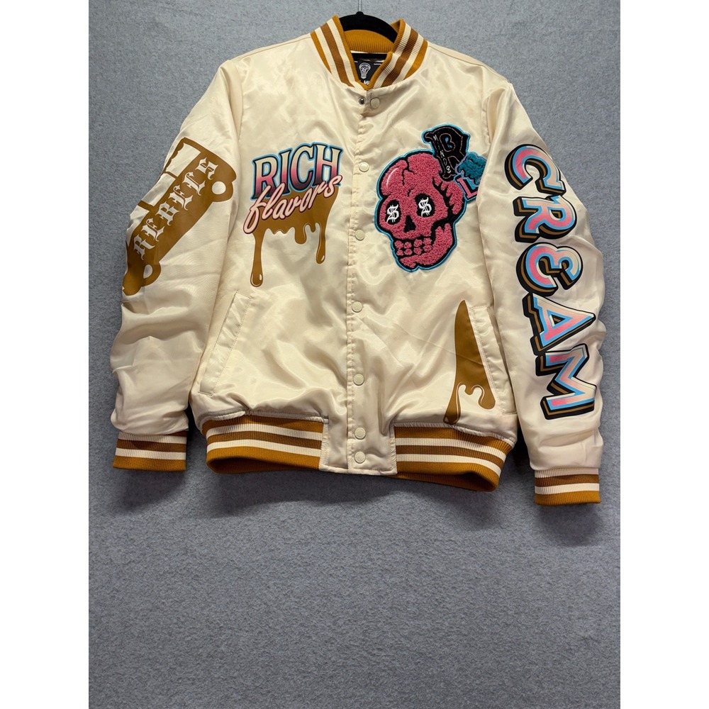 Rebel Minds Mens Cream Satin Varsity Jacket Rich Flavors Skull Graphic Small